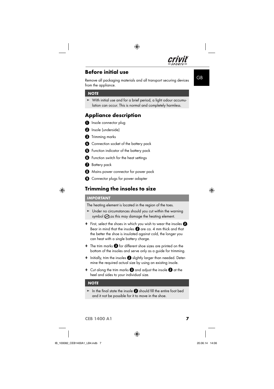 Before initial use, Appliance description, Trimming the insoles to size | Crivit CEB 1400 A1 User Manual | Page 11 / 80