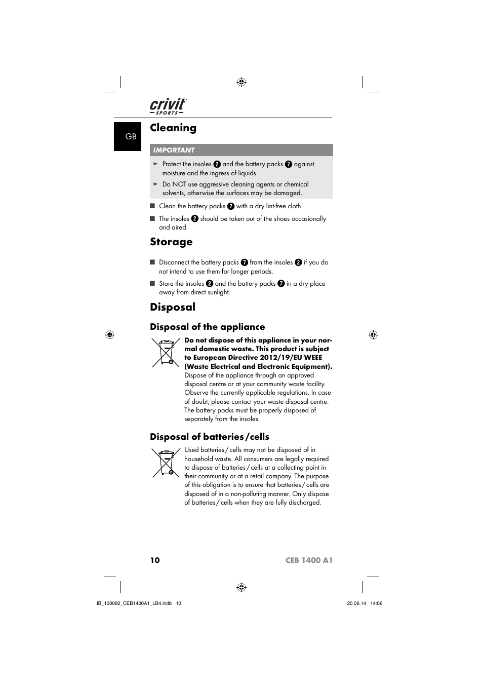 Cleaning, Storage, Disposal | Disposal of the appliance, Disposal of batteries /cells | Crivit CEB 1400 A1 User Manual | Page 14 / 80