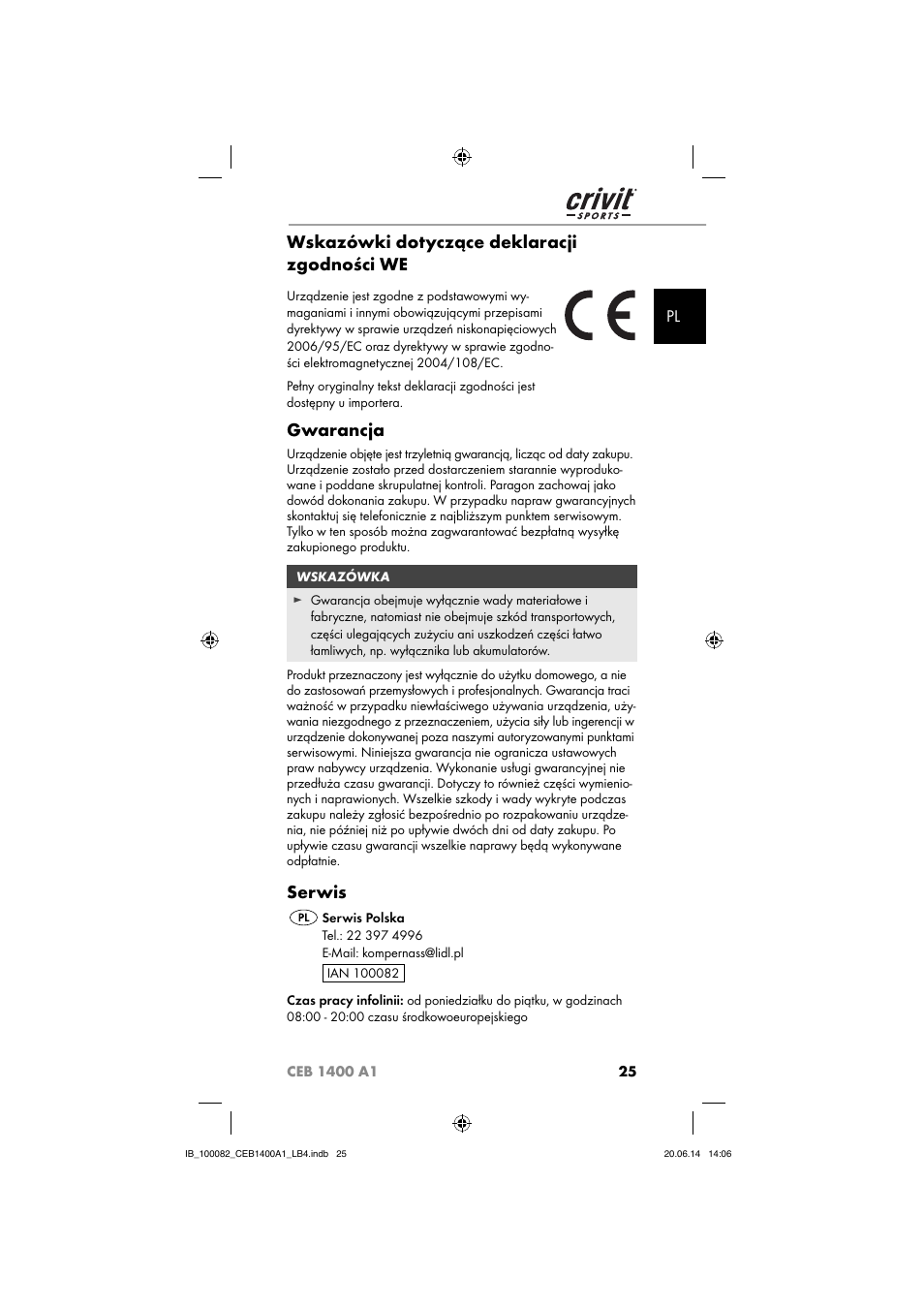 Wskazówki dotyczące deklaracji zgodności we, Gwarancja, Serwis | Crivit CEB 1400 A1 User Manual | Page 29 / 80