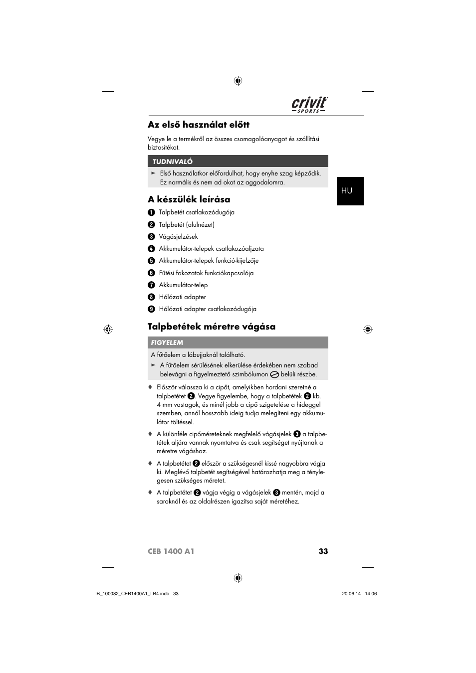 Az első használat előtt, A készülék leírása, Talpbetétek méretre vágása | Crivit CEB 1400 A1 User Manual | Page 37 / 80