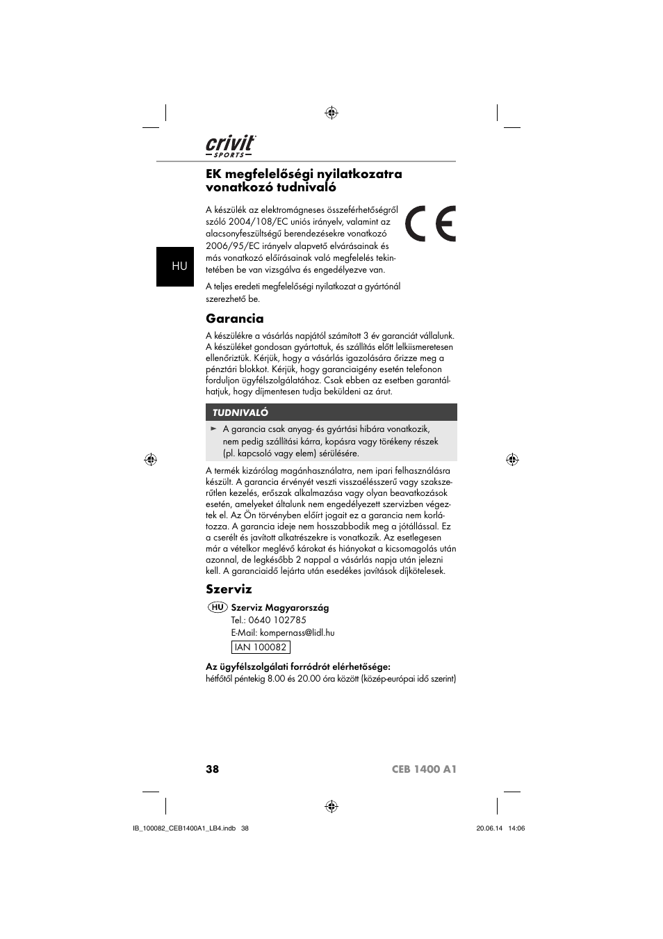 Ek megfelelőségi nyilatkozatra vonatkozó tudnivaló, Garancia, Szerviz | Crivit CEB 1400 A1 User Manual | Page 42 / 80