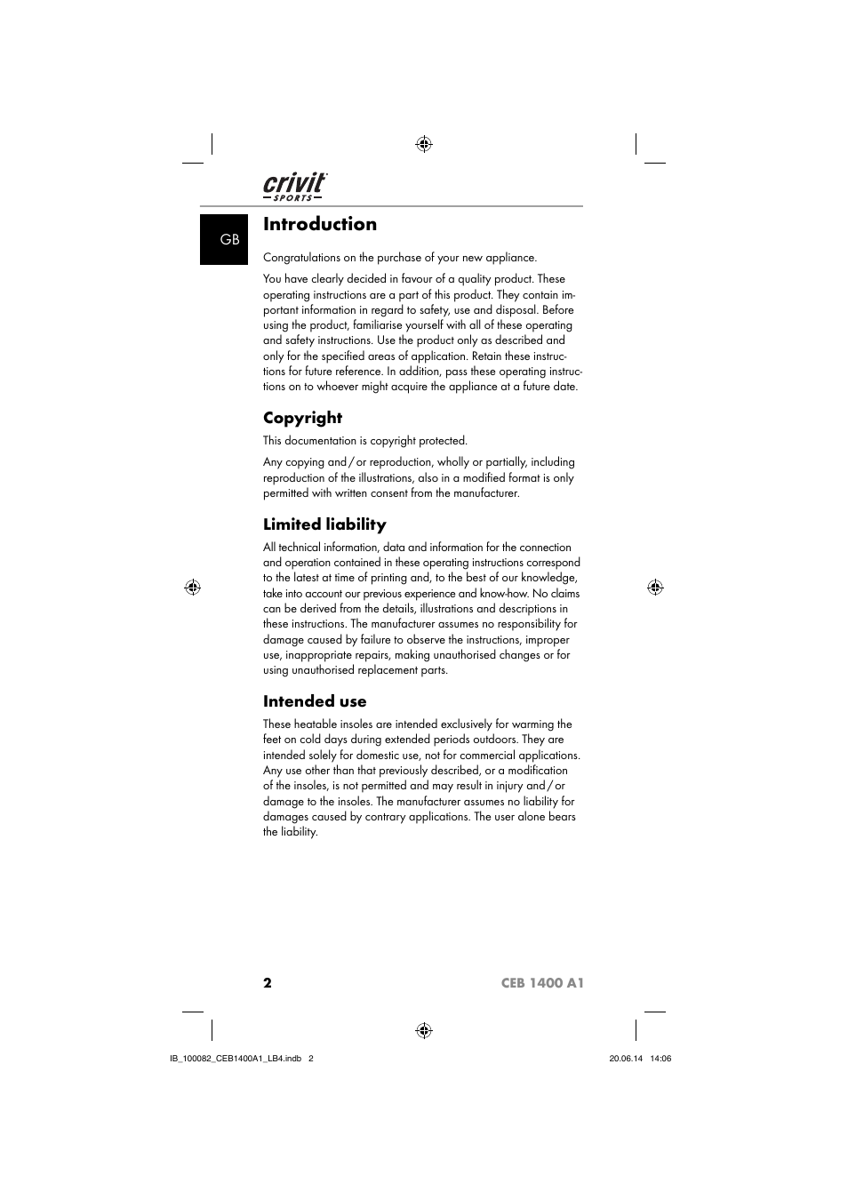 Introduction, Copyright, Limited liability | Intended use | Crivit CEB 1400 A1 User Manual | Page 6 / 80