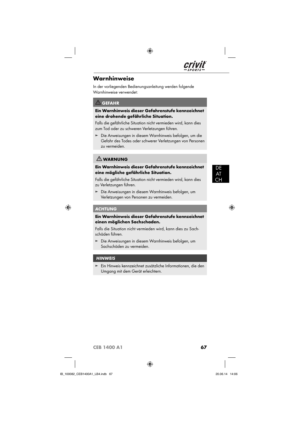 Warnhinweise, De at ch | Crivit CEB 1400 A1 User Manual | Page 71 / 80