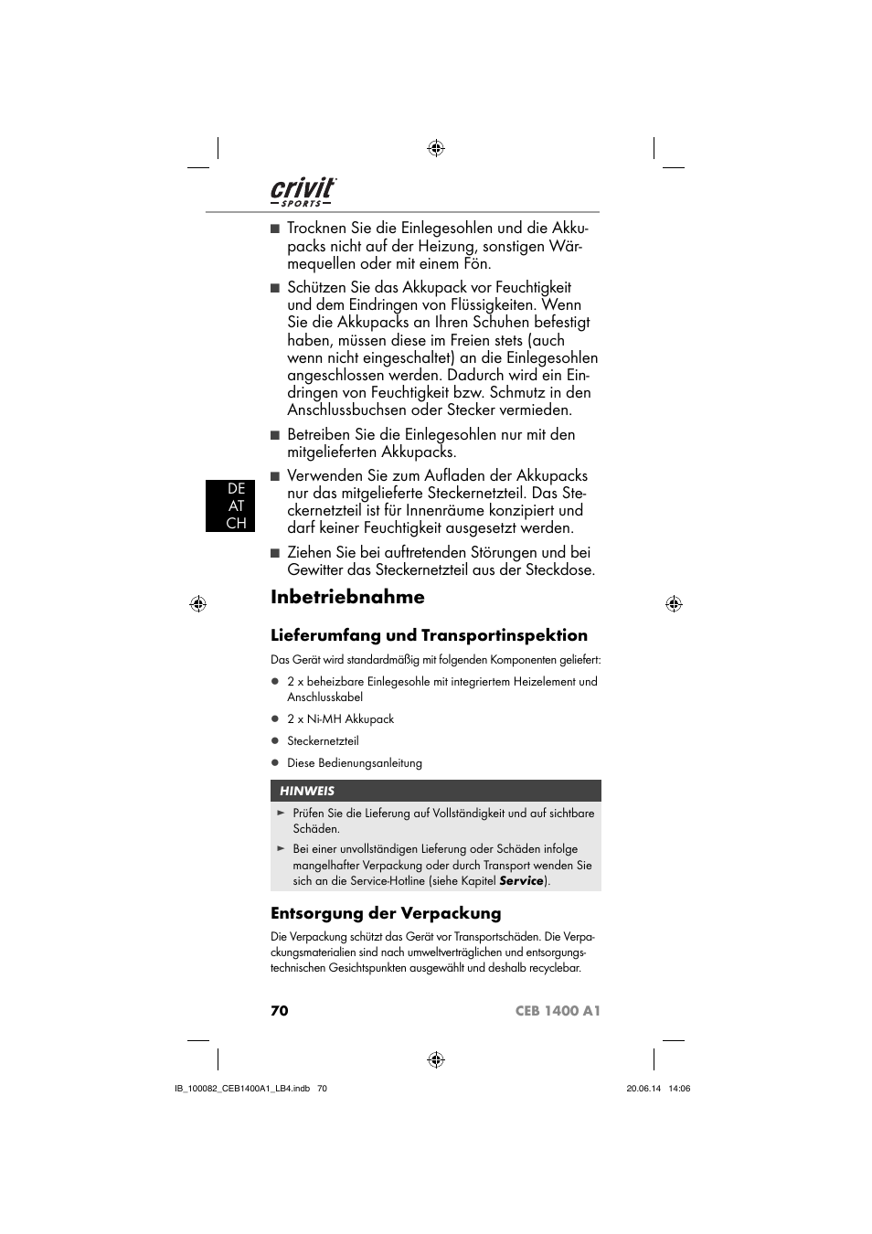 Inbetriebnahme, Lieferumfang und transportinspektion, Entsorgung der verpackung | De at ch | Crivit CEB 1400 A1 User Manual | Page 74 / 80