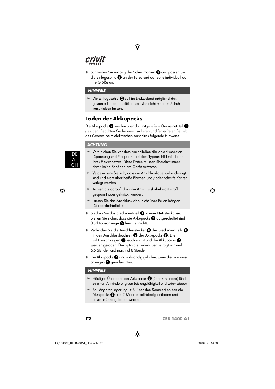 Laden der akkupacks, De at ch | Crivit CEB 1400 A1 User Manual | Page 76 / 80