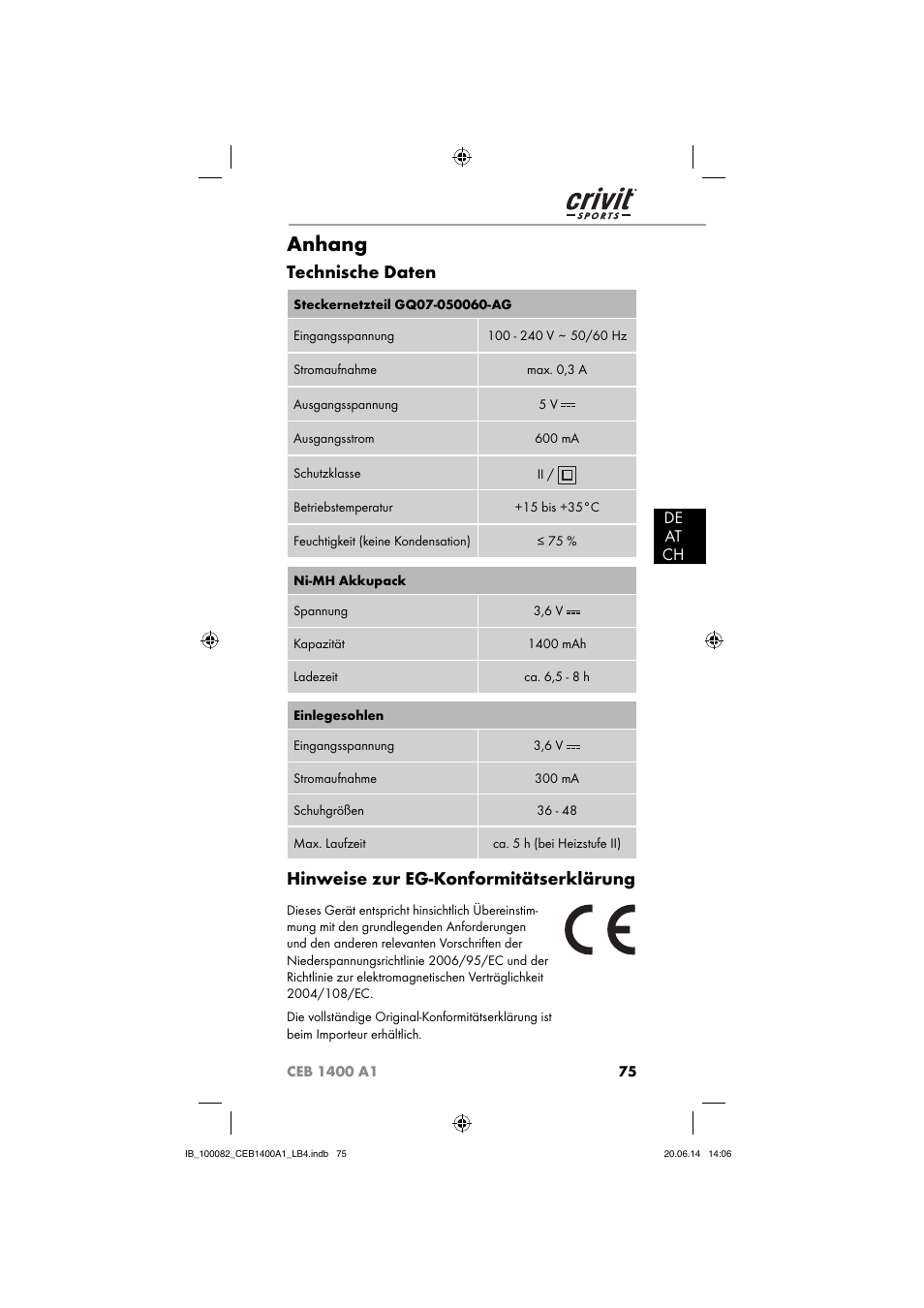 Anhang, Technische daten, Hinweise zur eg-konformitätserklärung | De at ch | Crivit CEB 1400 A1 User Manual | Page 79 / 80