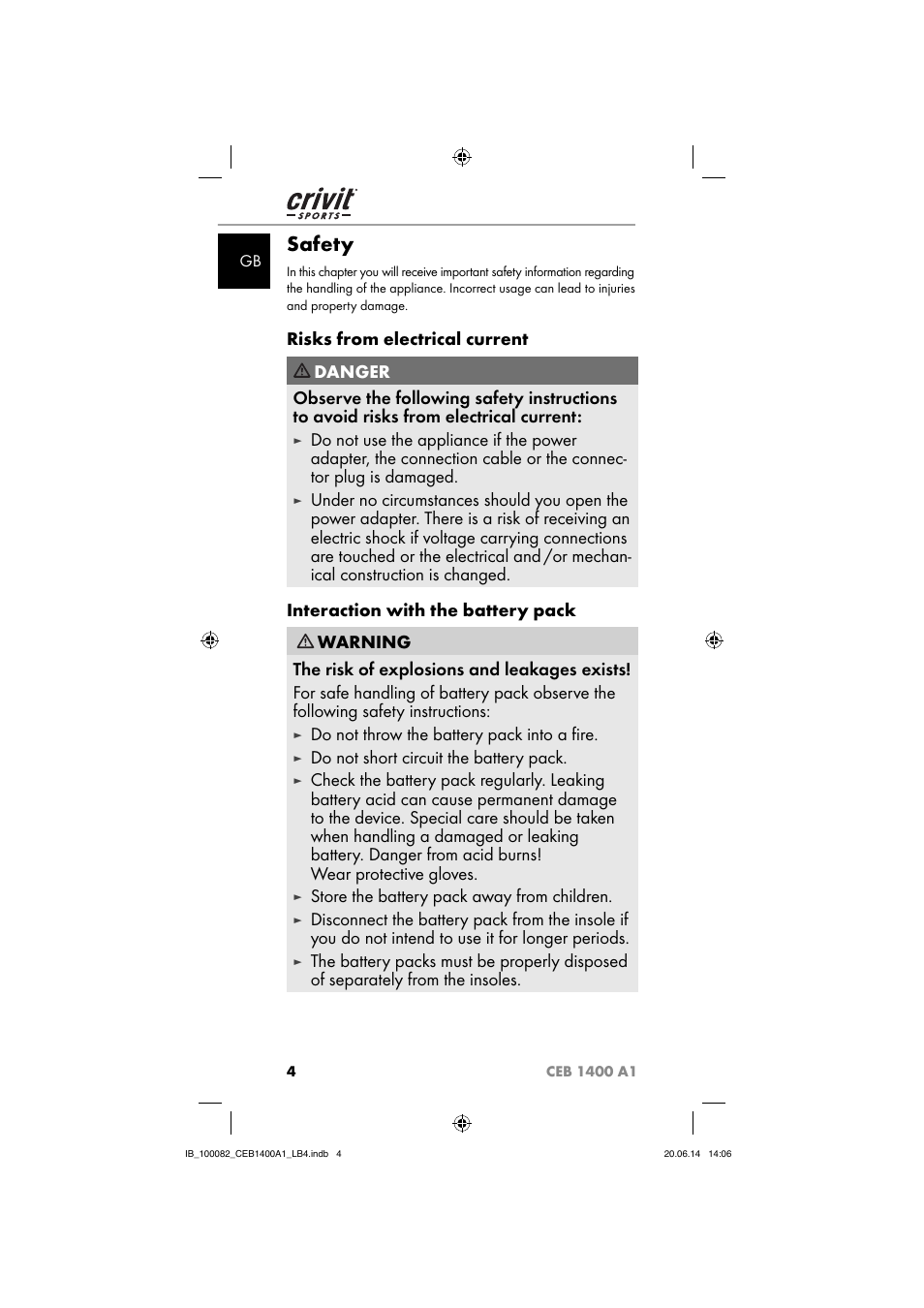 Safety, Risks from electrical current, Do not throw the battery pack into a ﬁ re | Do not short circuit the battery pack, Store the battery pack away from children | Crivit CEB 1400 A1 User Manual | Page 8 / 80