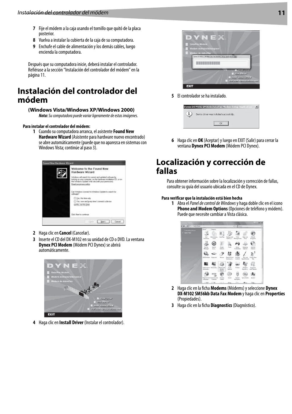 Instalación del controlador del módem, Windows vista/windows xp/windows 2000), Localización y corrección de fallas | Dynex DX-M102 User Manual | Page 11 / 16