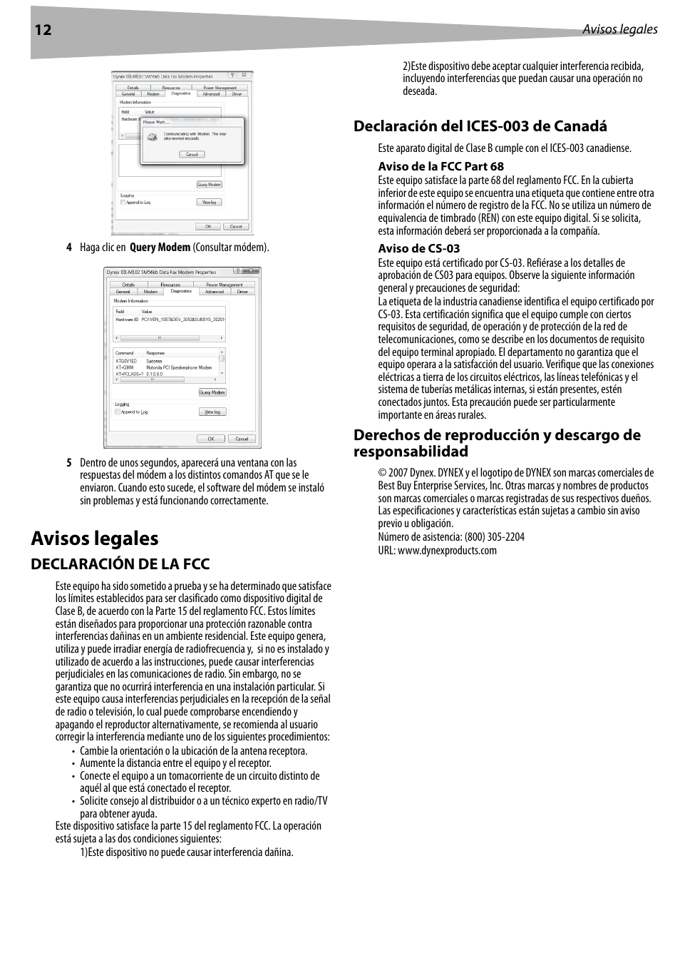 Avisos legales, Declaración de la fcc, Declaración del ices-003 de canadá | Aviso de la fcc part 68, Aviso de cs-03 | Dynex DX-M102 User Manual | Page 12 / 16