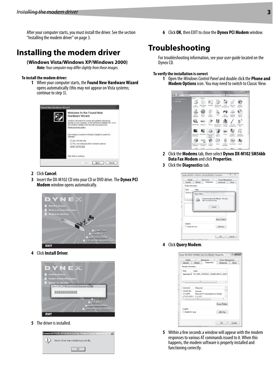 Installing the modem driver, Windows vista/windows xp/windows 2000), Troubleshooting | Installing the modem driver ttroubleshooting | Dynex DX-M102 User Manual | Page 3 / 16