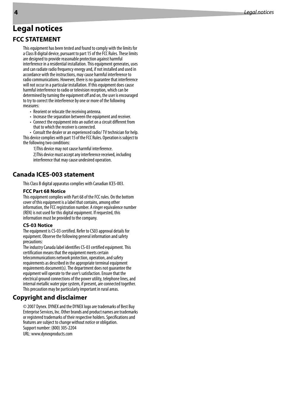 Legal notices, Fcc statement, Canada ices-003 statement | Fcc part 68 notice, Cs-03 notice | Dynex DX-M102 User Manual | Page 4 / 16