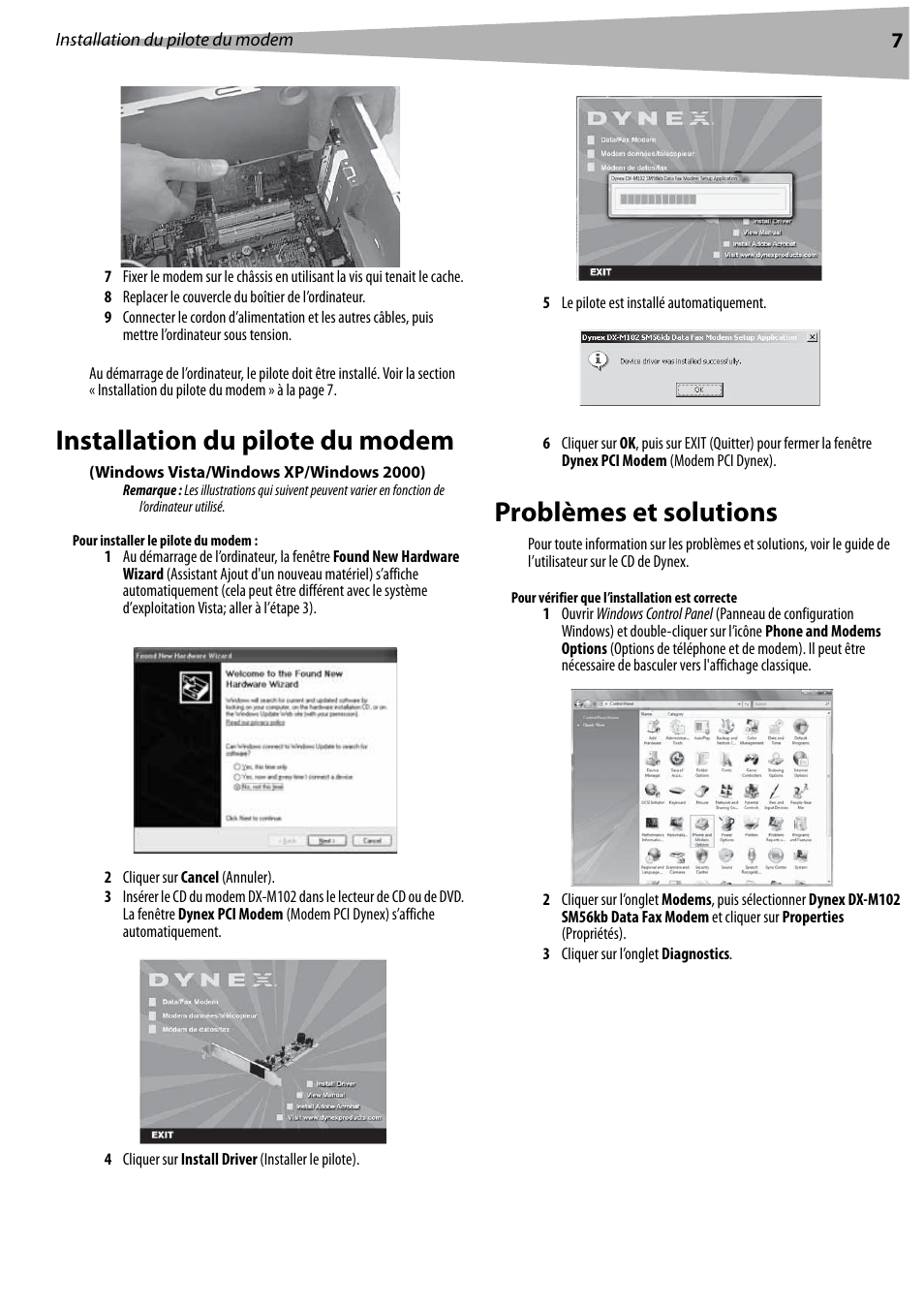 Installation du pilote du modem, Windows vista/windows xp/windows 2000), Problèmes et solutions | Dynex DX-M102 User Manual | Page 7 / 16