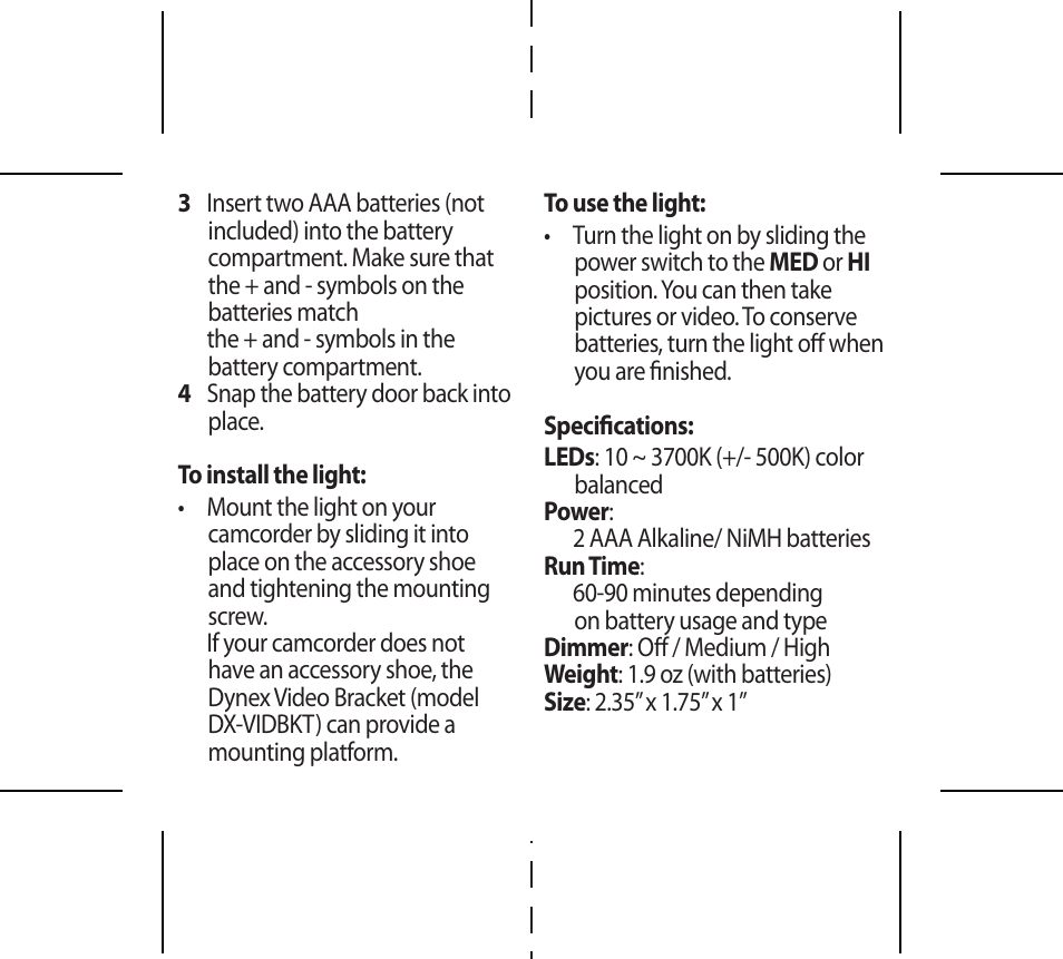 Dynex DX-VIDLT User Manual | Page 2 / 2
