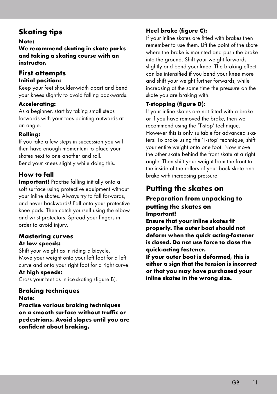 Skating tips, Putting the skates on, First attempts | Crivit HI-1738 User Manual | Page 11 / 28