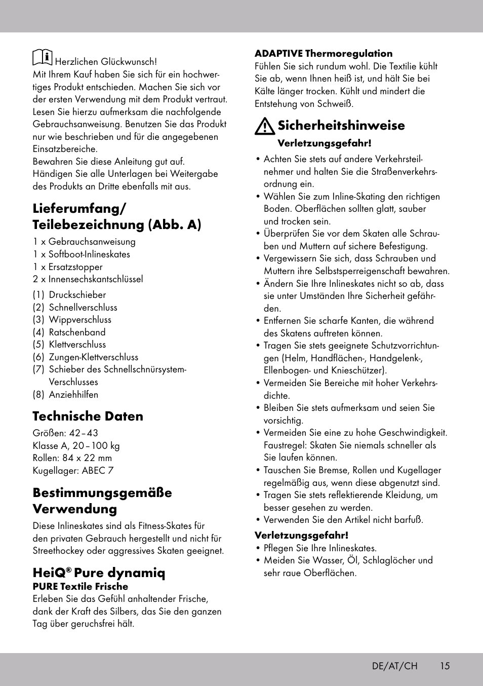 Lieferumfang/ teilebezeichnung (abb. a), Technische daten, Bestimmungsgemäße verwendung | Heiq, Pure dynamiq, Sicherheitshinweise | Crivit HI-1738 User Manual | Page 15 / 28