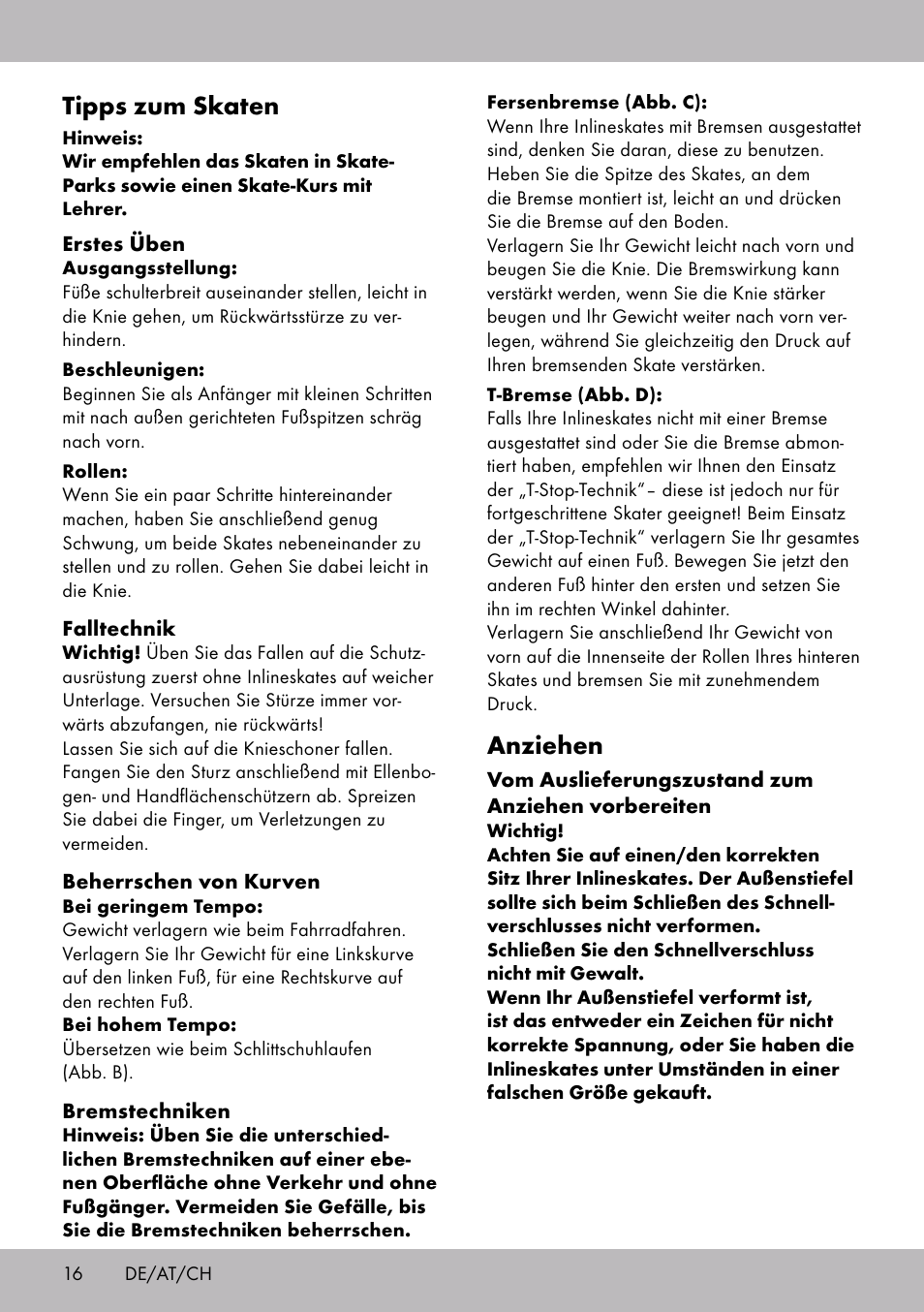 Tipps zum skaten, Anziehen | Crivit HI-1738 User Manual | Page 16 / 28