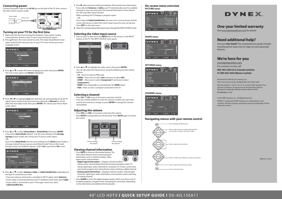 One-year limited warranty, Need additional help, We’re here for you | Connecting power, Turning on your tv for the first time, Selecting the video input source, Selecting a channel, Adjusting the volume, Viewing channel information, On-screen menu overview | Dynex DX-40L150A11 User Manual | Page 2 / 2