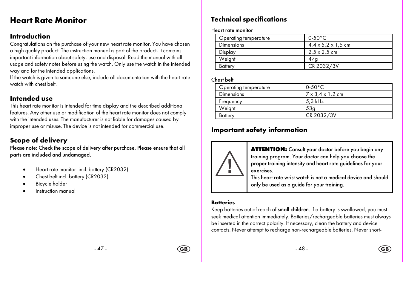 Heart rate monitor, Introduction, Intended use | Scope of delivery, Technical specifications, Important safety information | Crivit 1-LD3875 User Manual | Page 25 / 46