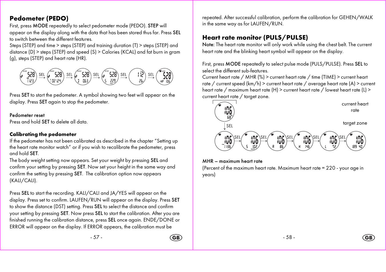 Pedometer (pedo), Heart rate monitor (puls/pulse) | Crivit 1-LD3875 User Manual | Page 30 / 46
