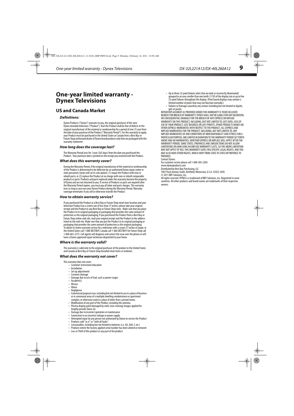 One-year limited warranty - dynex televisions | Dynex DX-40L260A12 User Manual | Page 11 / 12