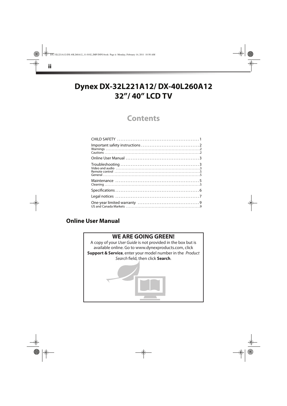 Online user manual we are going green | Dynex DX-40L260A12 User Manual | Page 2 / 12