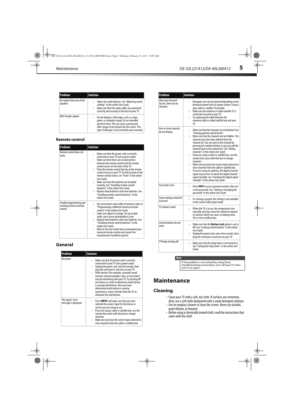 Maintenance, General, Cleaning | Dynex DX-40L260A12 User Manual | Page 7 / 12