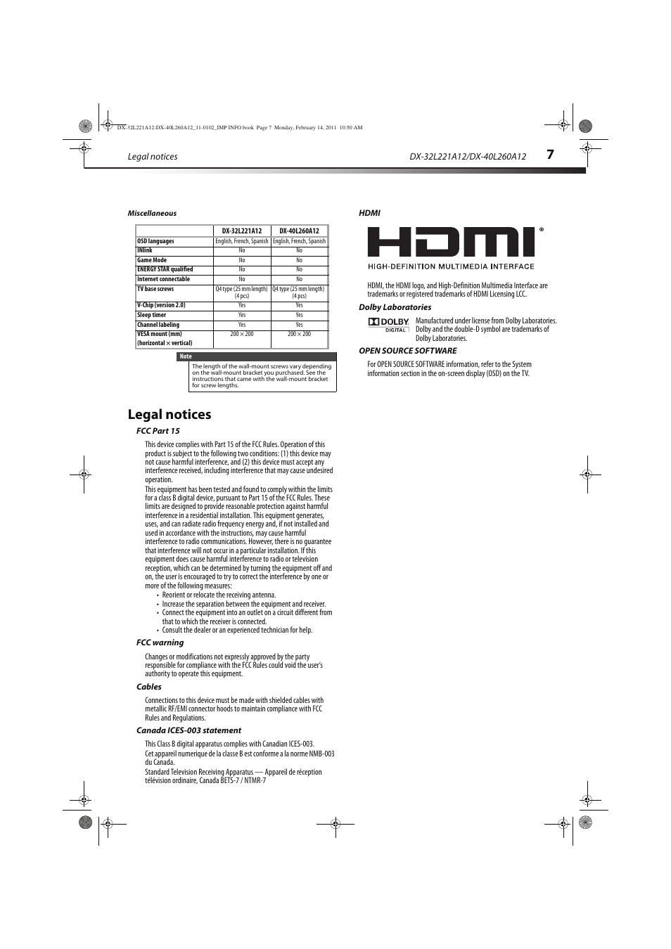 Legal notices | Dynex DX-40L260A12 User Manual | Page 9 / 12