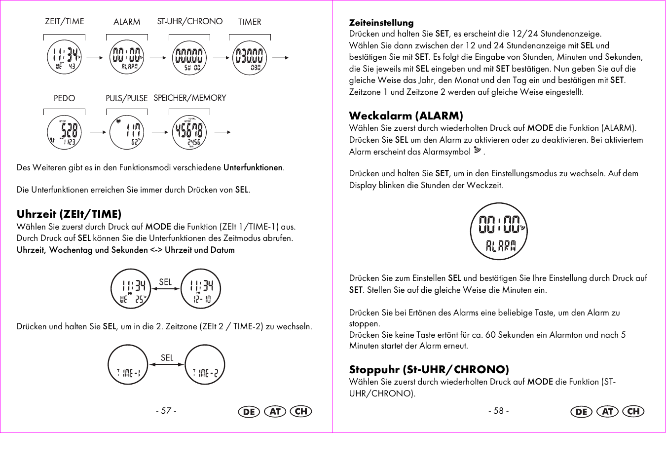 Uhrzeit (zeit/time), Weckalarm (alarm), Stoppuhr (st-uhr/chrono) | Crivit 1-LD3875 User Manual | Page 30 / 47