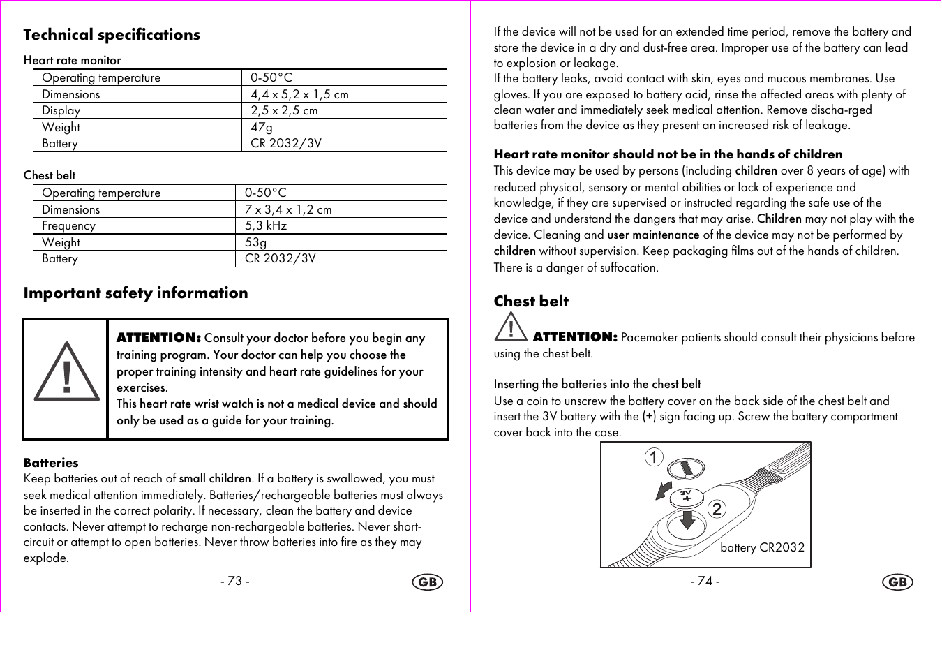 Technical specifications, Important safety information, Chest belt | Crivit 1-LD3875 User Manual | Page 38 / 47