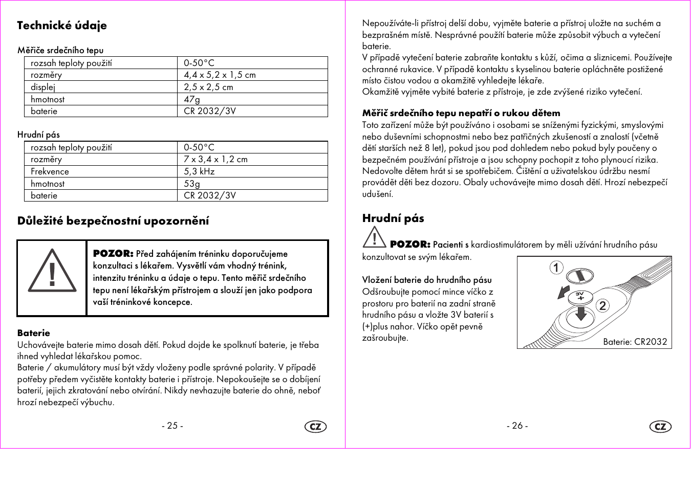 Technické údaje, Důležité bezpečnostní upozornění, Hrudní pás | Crivit 1-LD3875 User Manual | Page 14 / 45