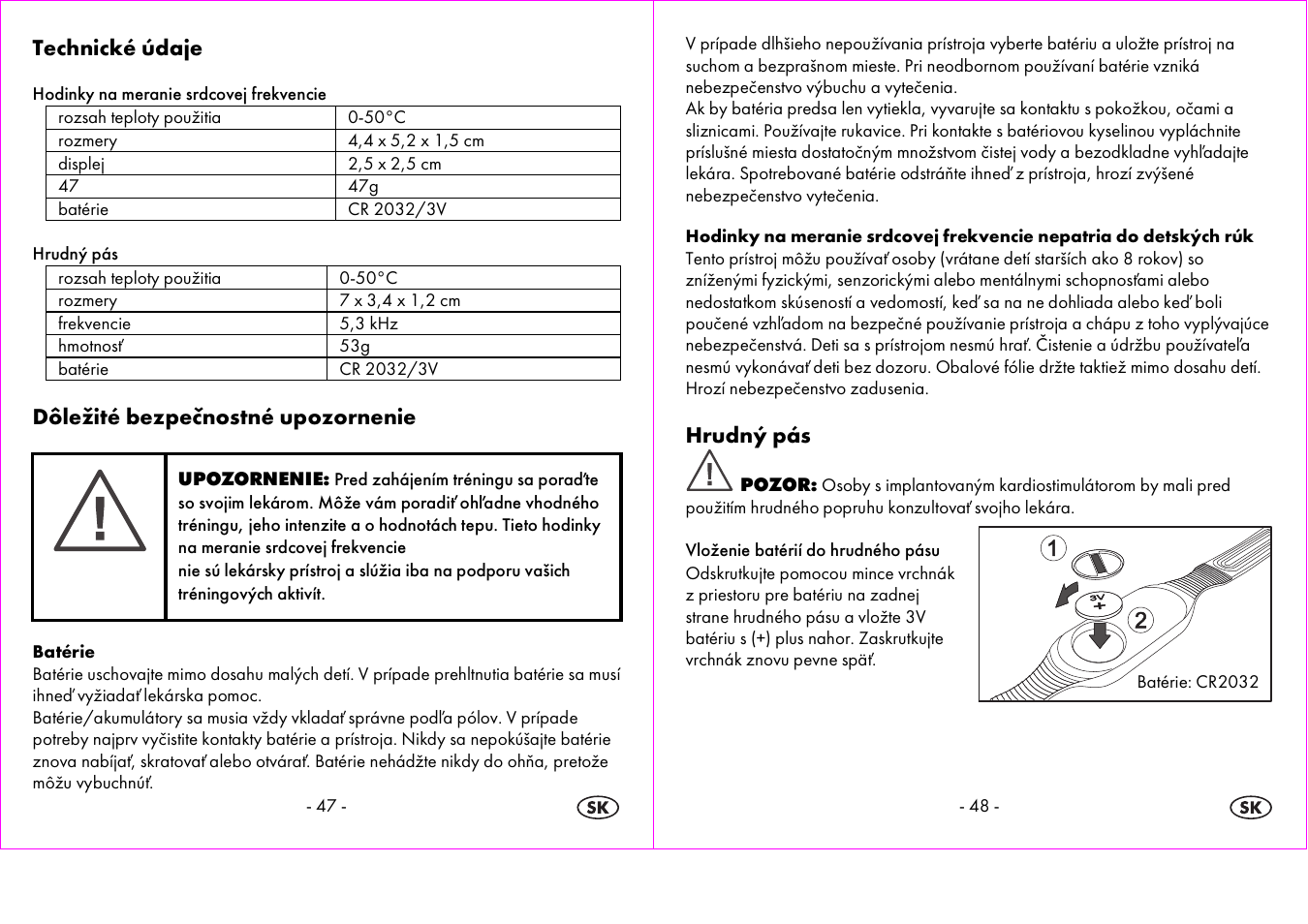 Technické údaje, Dôležité bezpečnostné upozornenie, Hrudný pás | Crivit 1-LD3875 User Manual | Page 25 / 45