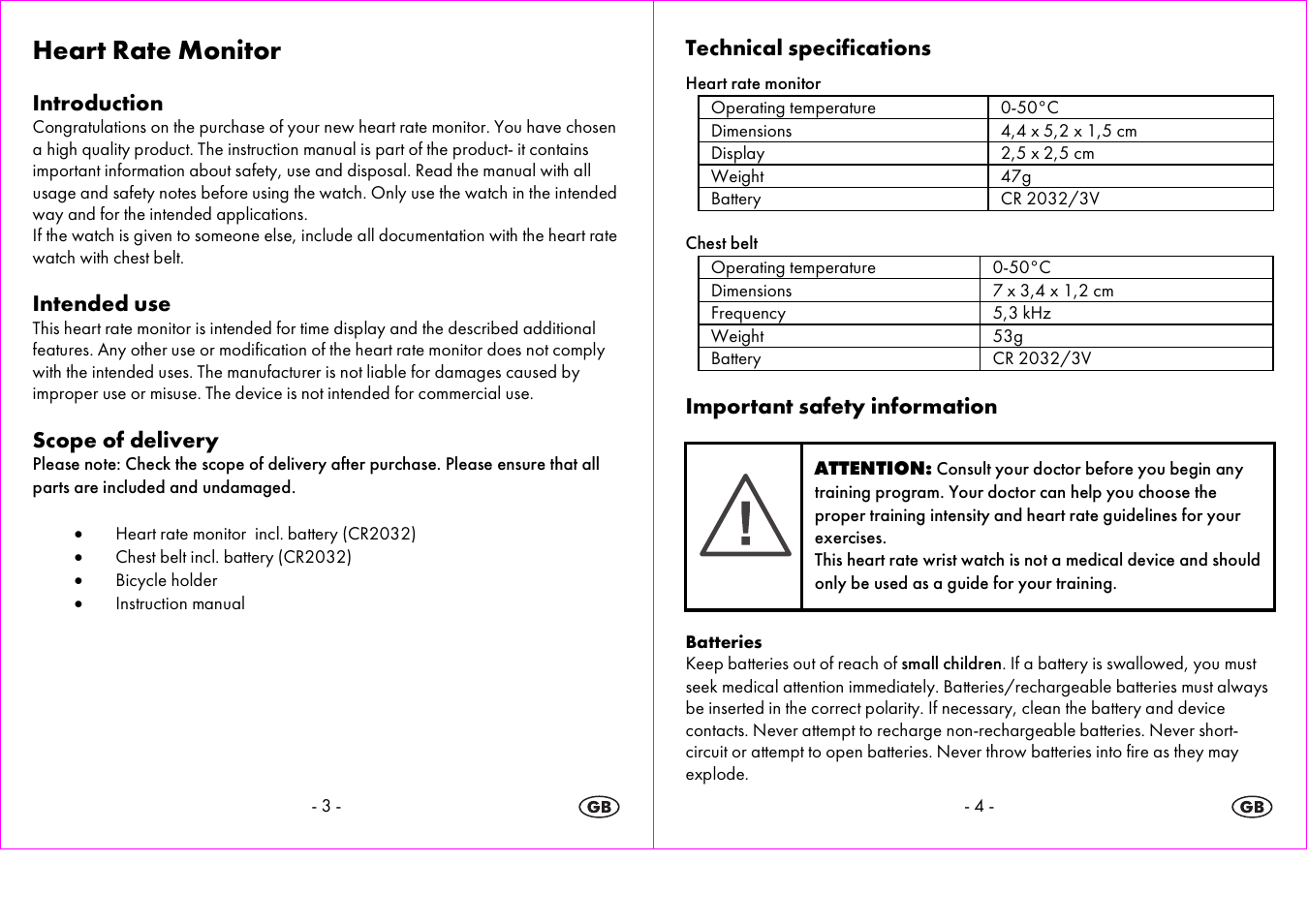 Heart rate monitor, Introduction, Intended use | Scope of delivery, Technical specifications, Important safety information | Crivit 1-LD3875 User Manual | Page 3 / 45