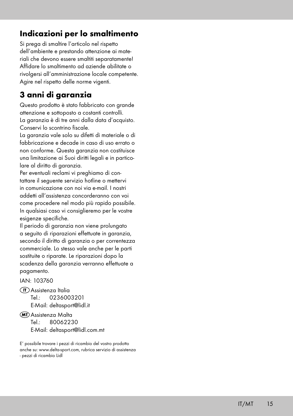 Indicazioni per lo smaltimento, 3 anni di garanzia | Crivit TB-1701 User Manual | Page 13 / 30