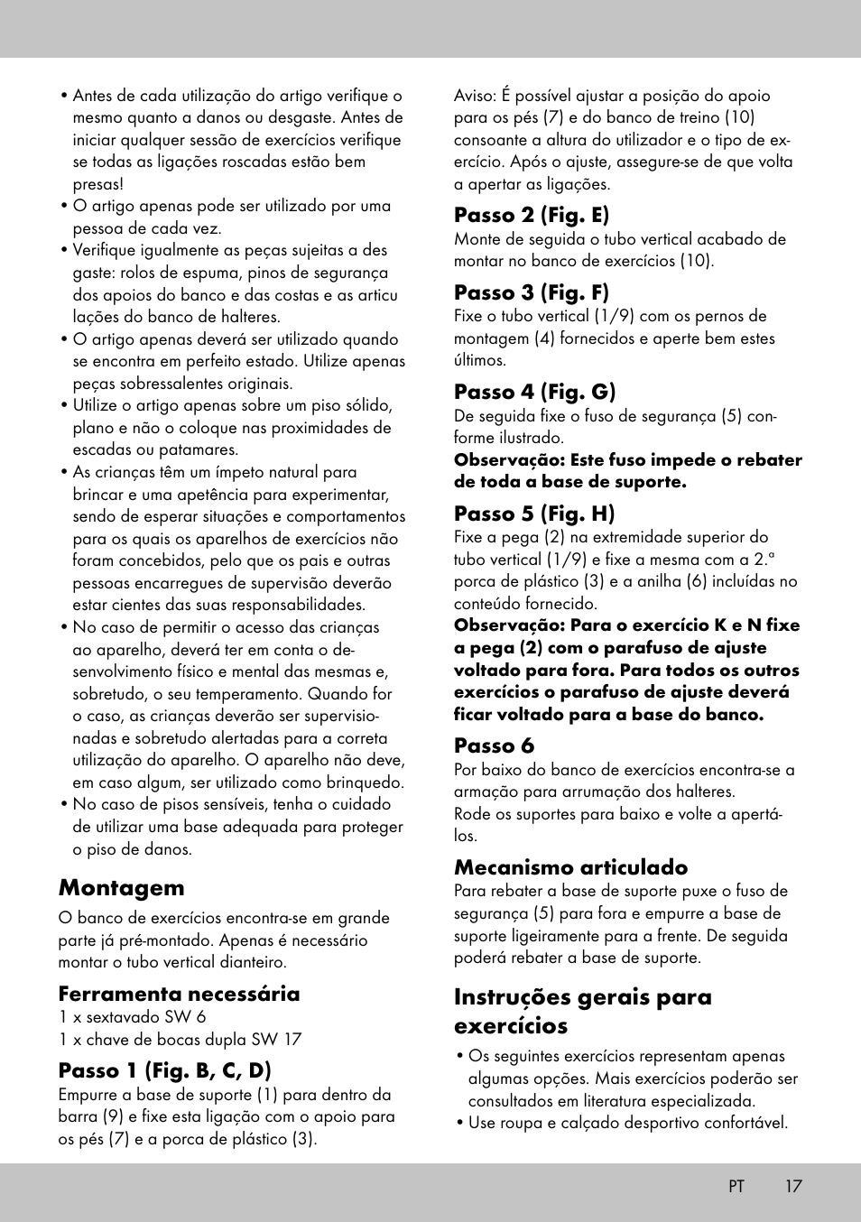 Montagem, Instruções gerais para exercícios | Crivit TB-1701 User Manual | Page 15 / 30
