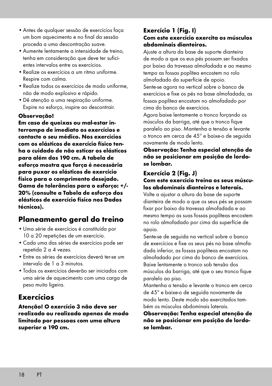 Planeamento geral do treino, Exercícios | Crivit TB-1701 User Manual | Page 16 / 30