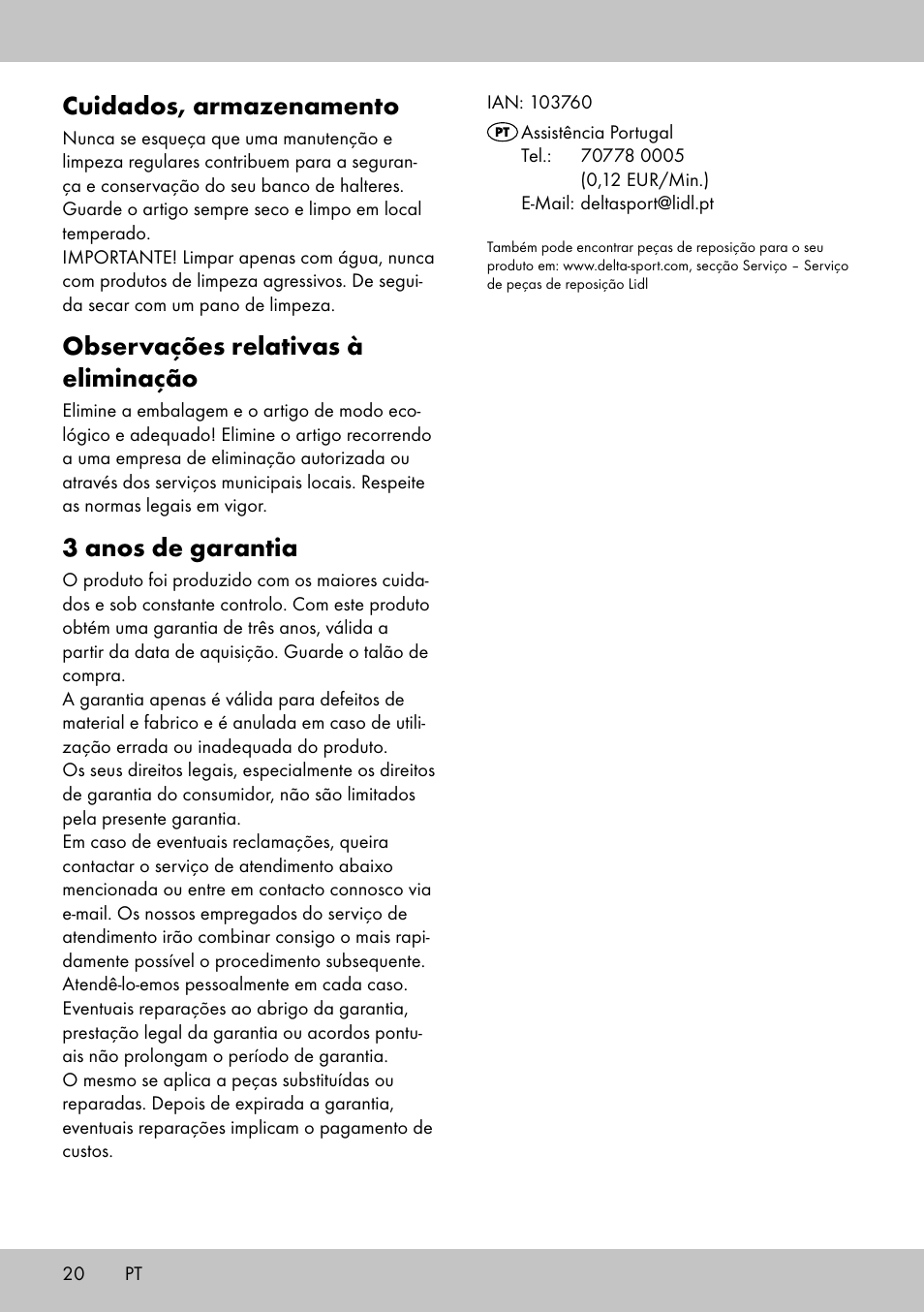 Cuidados, armazenamento, Observações relativas à eliminação, 3 anos de garantia | Crivit TB-1701 User Manual | Page 18 / 30