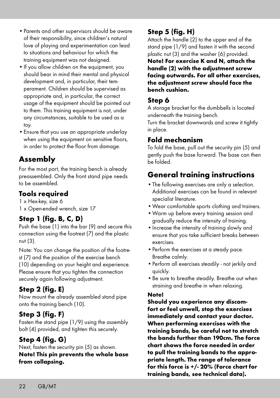 Assembly, General training instructions, Tools required | Step 1 (fig. b, c, d), Step 2 (fig. e), Step 3 (fig. f), Step 4 (fig. g), Step 5 (fig. h), Step 6, Fold mechanism | Crivit TB-1701 User Manual | Page 20 / 30