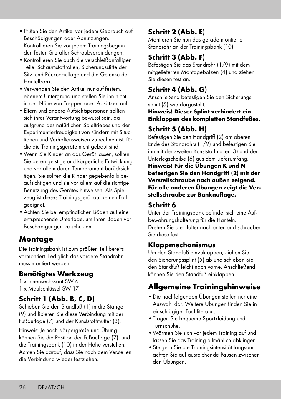 Montage, Allgemeine trainingshinweise | Crivit TB-1701 User Manual | Page 24 / 30