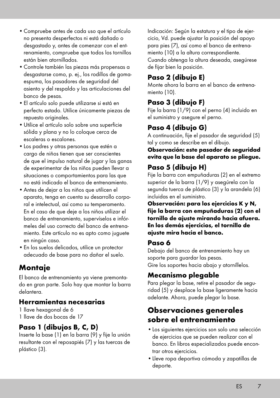 Montaje, Observaciones generales sobre el entrenamiento | Crivit TB-1701 User Manual | Page 5 / 30