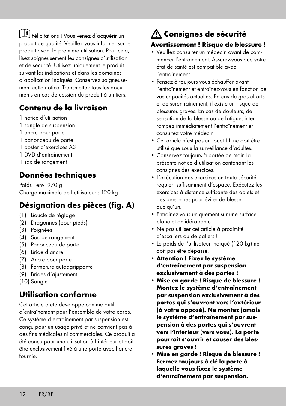 Contenu de la livraison, Données techniques, Désignation des pièces (fig. a) | Utilisation conforme, Consignes de sécurité | Crivit ST-1744 User Manual | Page 12 / 52