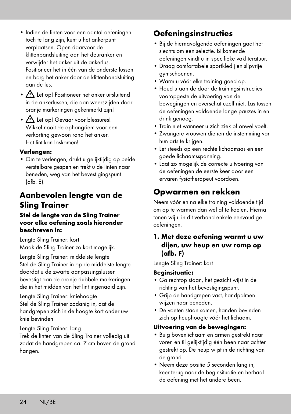 Aanbevolen lengte van de sling trainer, Oefeningsinstructies, Opwarmen en rekken | Crivit ST-1744 User Manual | Page 24 / 52