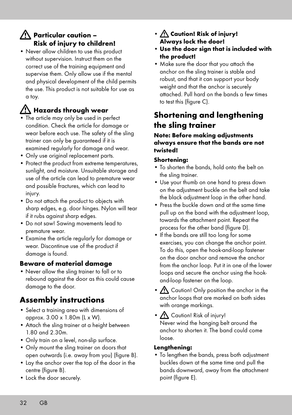 Assembly instructions, Shortening and lengthening the sling trainer | Crivit ST-1744 User Manual | Page 32 / 52