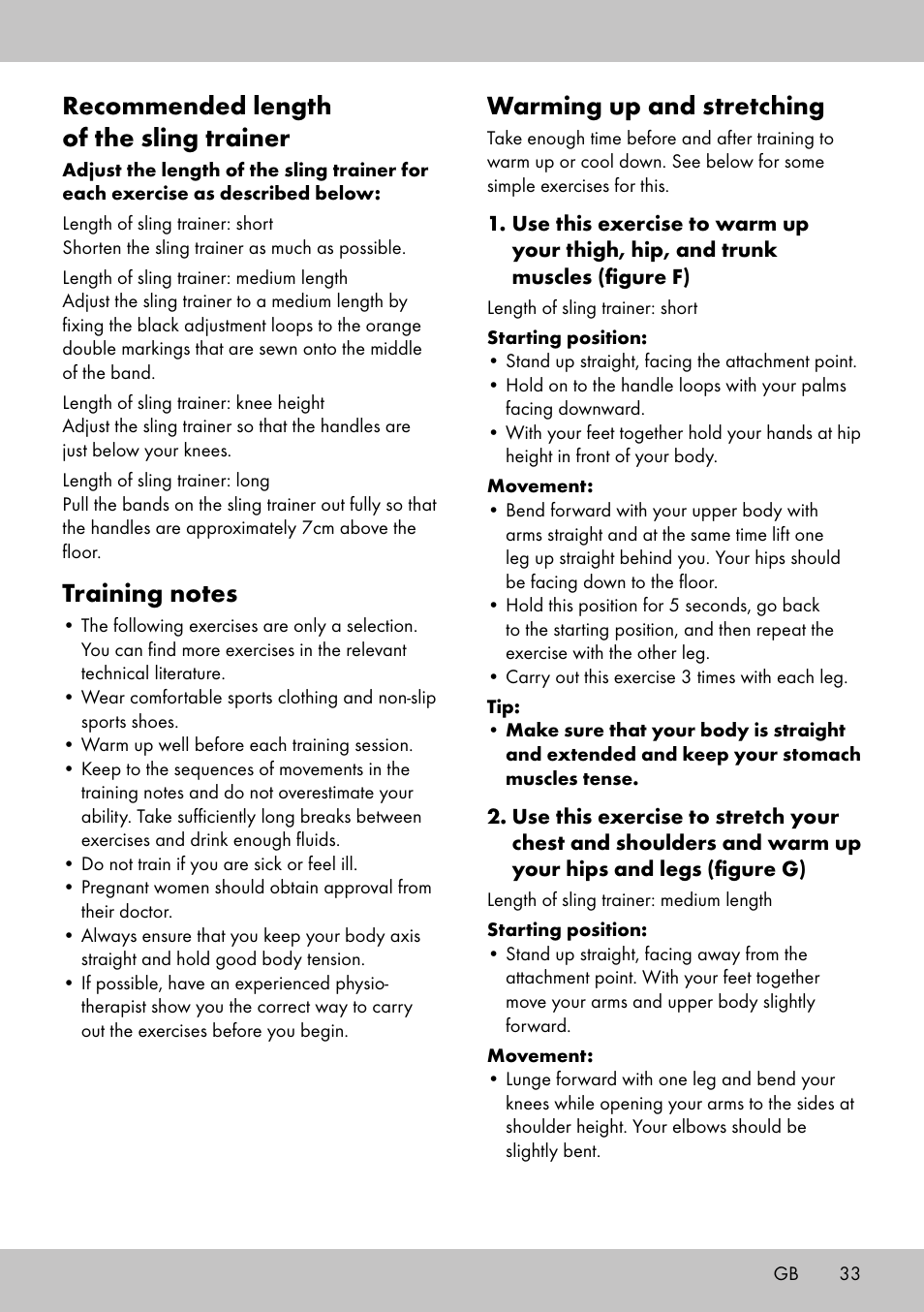 Recommended length of the sling trainer, Warming up and stretching | Crivit ST-1744 User Manual | Page 33 / 52