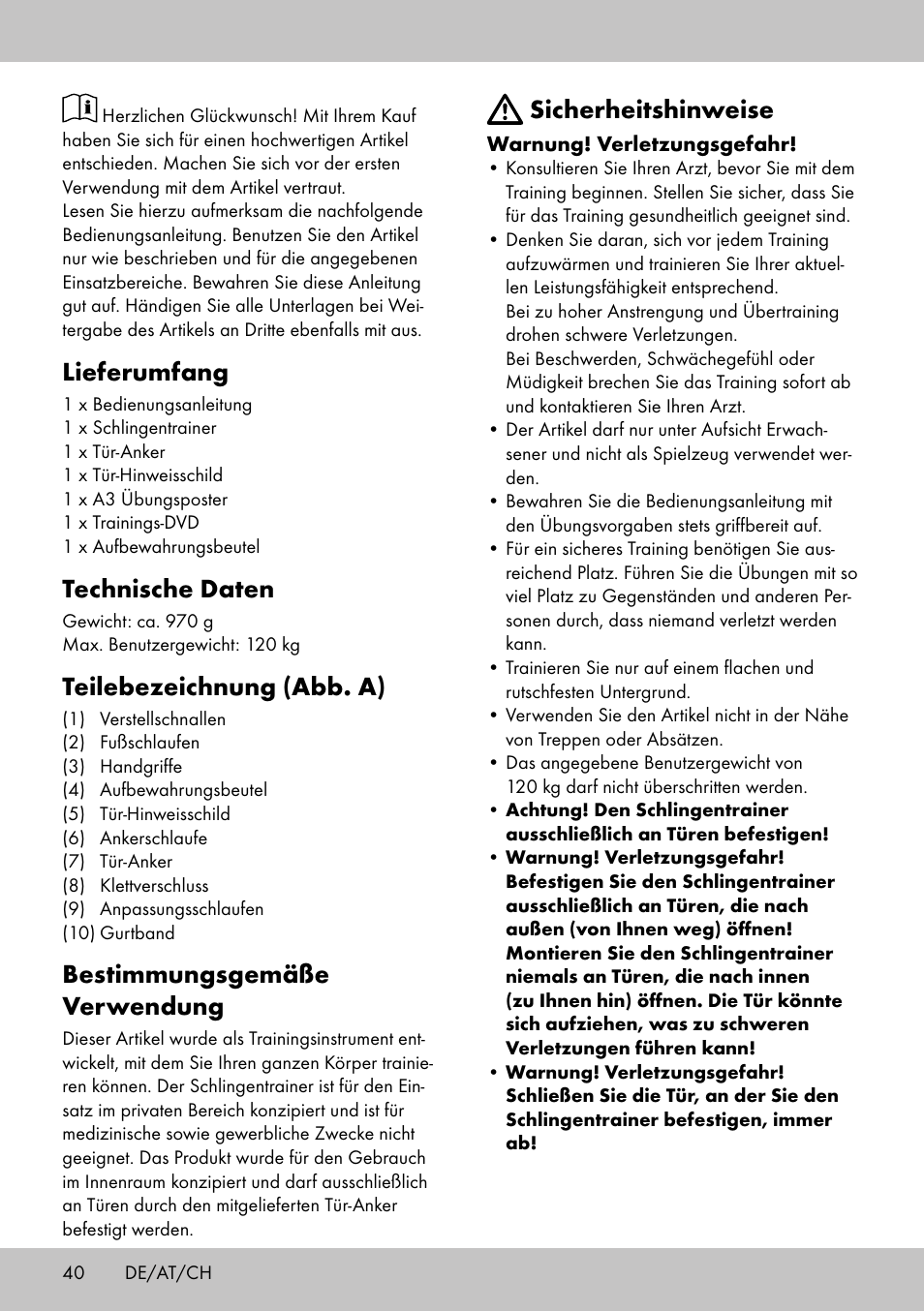 Lieferumfang, Technische daten, Teilebezeichnung (abb. a) | Bestimmungsgemäße verwendung, Sicherheitshinweise | Crivit ST-1744 User Manual | Page 40 / 52