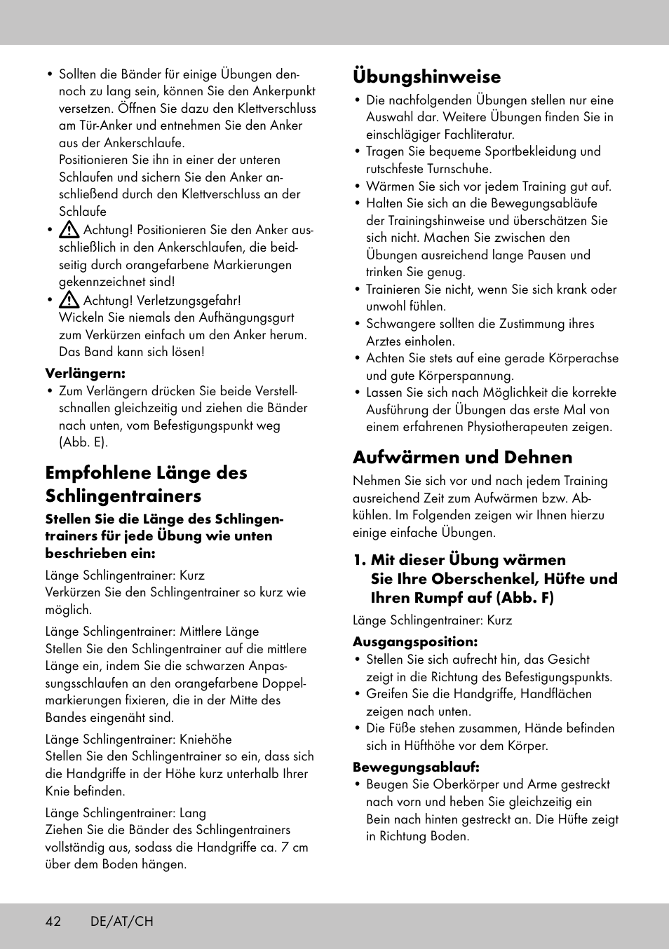 Empfohlene länge des schlingentrainers, Übungshinweise, Aufwärmen und dehnen | Crivit ST-1744 User Manual | Page 42 / 52