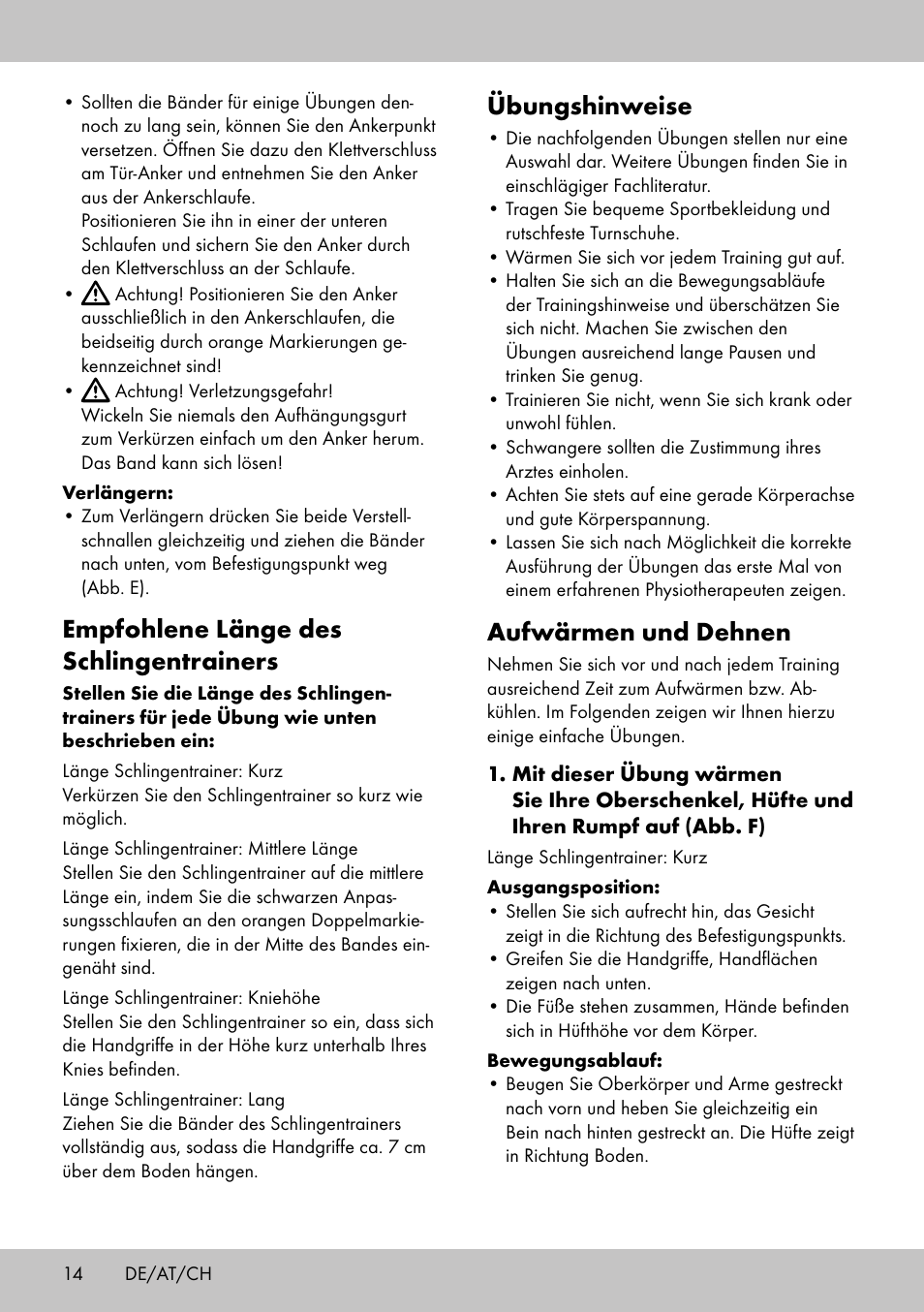 Empfohlene länge des schlingentrainers, Übungshinweise, Aufwärmen und dehnen | Crivit ST-1744 User Manual | Page 14 / 50