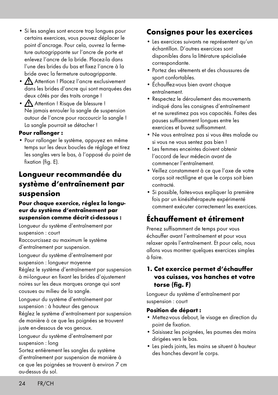 Consignes pour les exercices, Échauffement et étirement | Crivit ST-1744 User Manual | Page 24 / 50