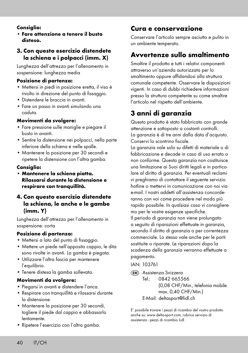 Cura e conservazione, Avvertenze sullo smaltimento, 3 anni di garanzia | Crivit ST-1744 User Manual | Page 40 / 50