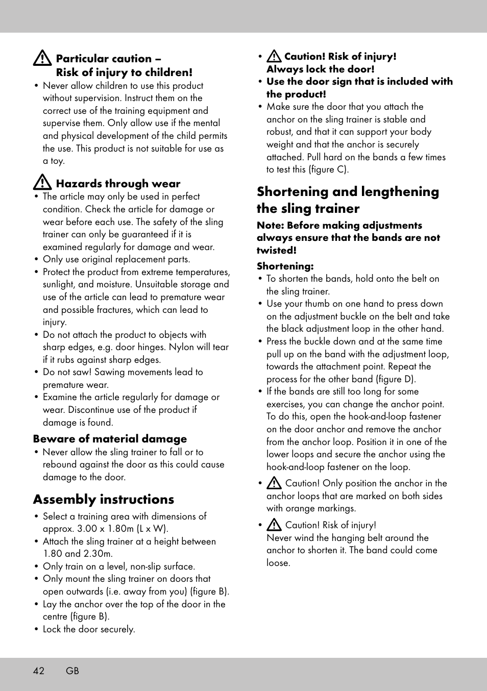 Assembly instructions, Shortening and lengthening the sling trainer | Crivit ST-1744 User Manual | Page 42 / 50