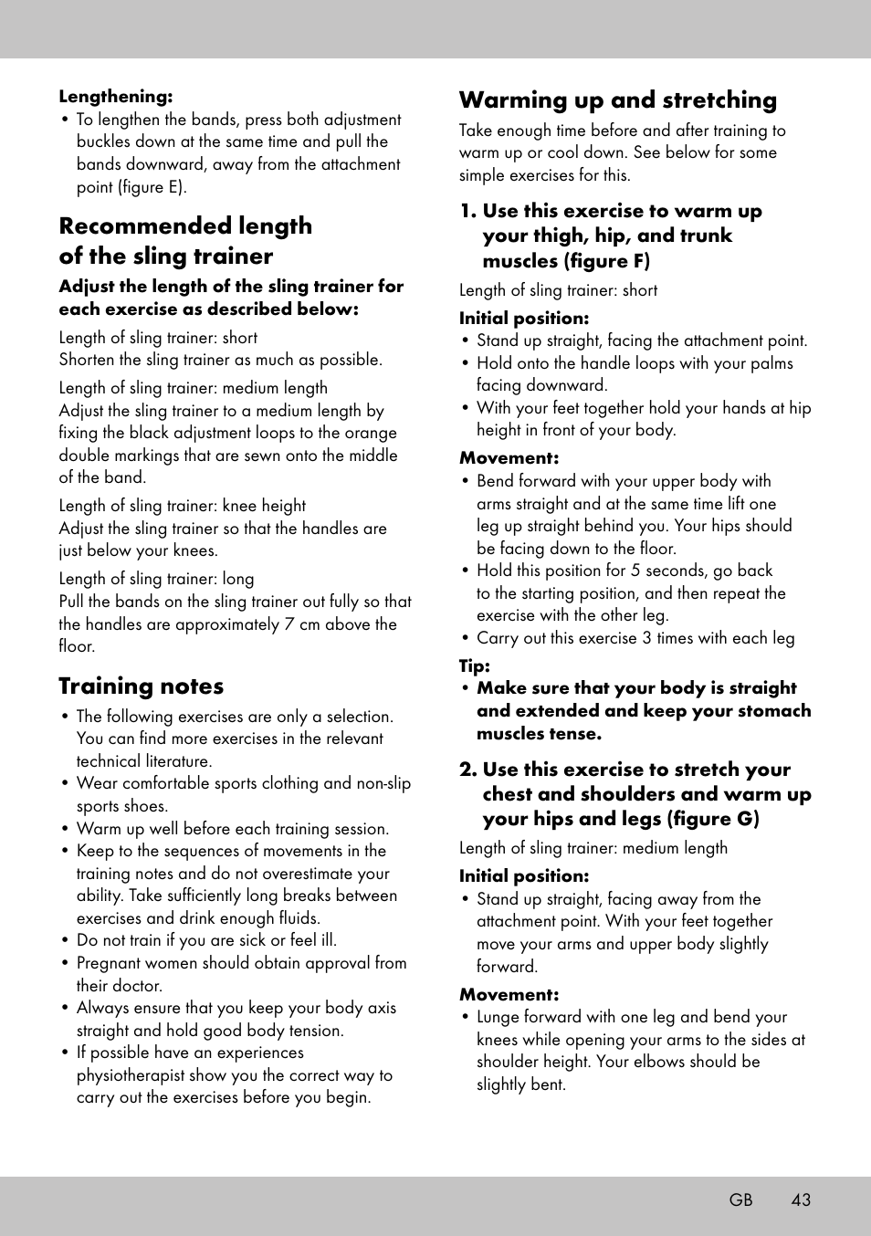 Recommended length of the sling trainer, Warming up and stretching | Crivit ST-1744 User Manual | Page 43 / 50